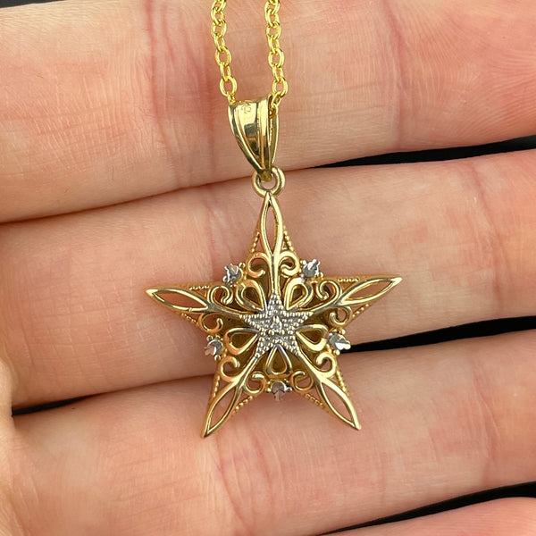 14K Gold Filigree Diamond Star Pendant Necklace - Boylerpf