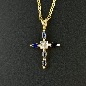 Vintage 10K Gold Diamond Blue Sapphire Cross Pendant Necklace - Boylerpf