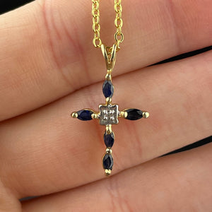 Vintage 10K Gold Diamond Blue Sapphire Cross Pendant Necklace - Boylerpf