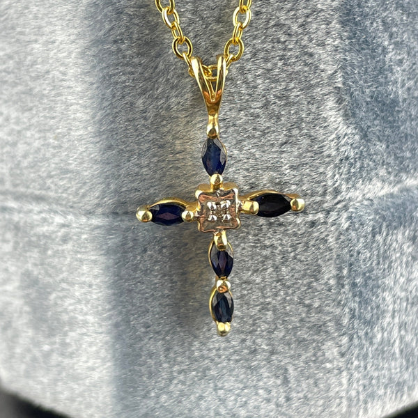 Vintage 10K Gold Diamond Blue Sapphire Cross Pendant Necklace - Boylerpf