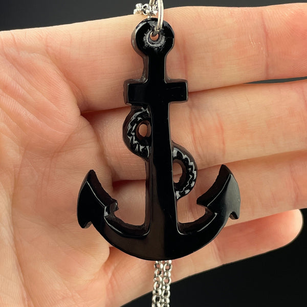 Victorian Carved Whitby Jet Anchor Pendant Necklace - Boylerpf