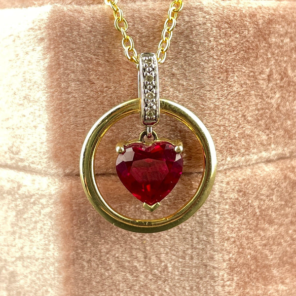 Vintage 10K Gold Diamond Ruby Floating Heart Pendant Necklace - Boylerpf