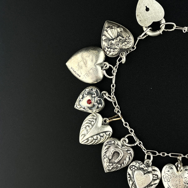 Art Deco Sterling Silver Puffy Heart Charm Bracelet - Boylerpf