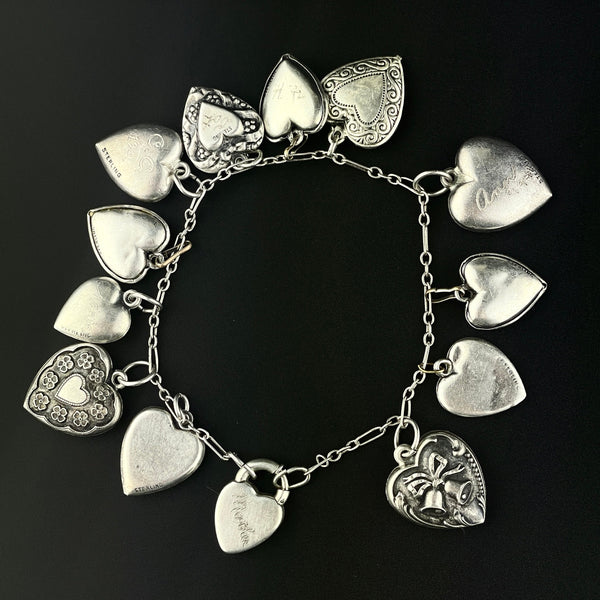 Art Deco Sterling Silver Puffy Heart Charm Bracelet - Boylerpf