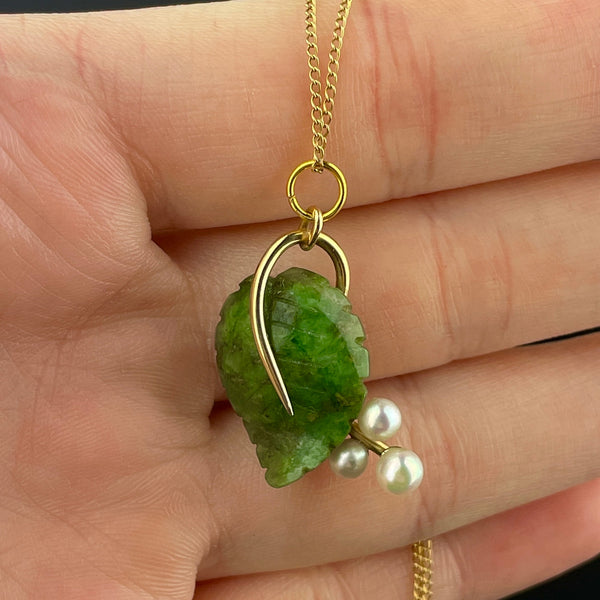 14K Gold Jade Leaf Pearl Flower Charm Pendant Necklace - Boylerpf