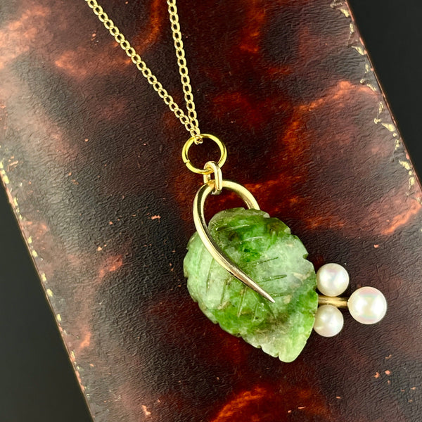 14K Gold Jade Leaf Pearl Flower Charm Pendant Necklace - Boylerpf