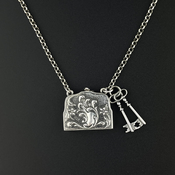 Vintage Purse and Key Hinged Sterling Silver Locket Necklace - Boylerpf