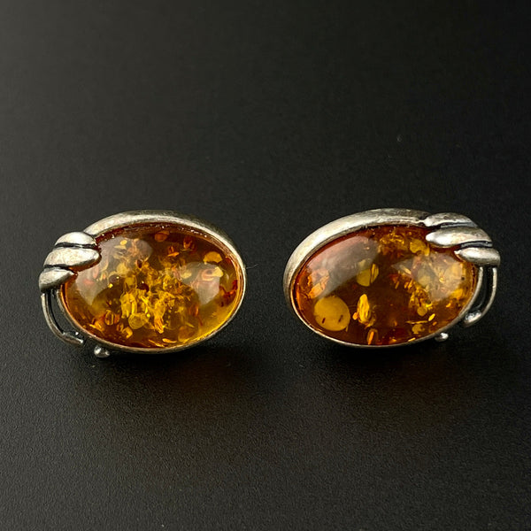 Vintage Arts and Crafts Style Silver Baltic Amber Cabochon Earrings - Boylerpf