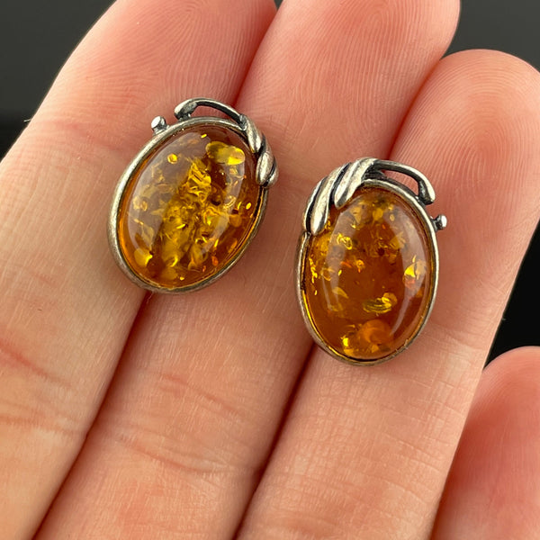 Vintage Arts and Crafts Style Silver Baltic Amber Cabochon Earrings - Boylerpf