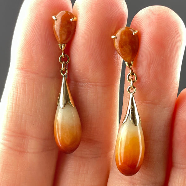 Vintage Natural Orange Jade Teardrop 14K Gold Earrings - Boylerpf