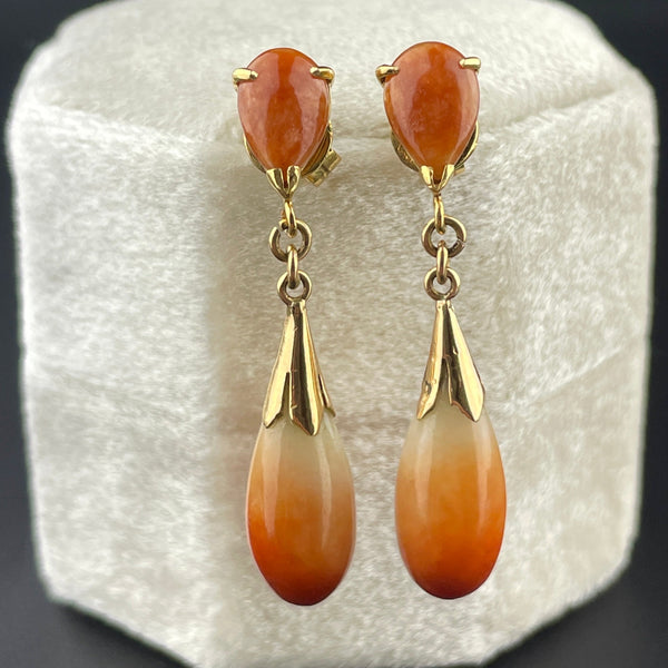 Vintage Natural Orange Jade Teardrop 14K Gold Earrings - Boylerpf