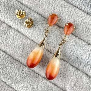 Vintage Natural Orange Jade Teardrop 14K Gold Earrings - Boylerpf