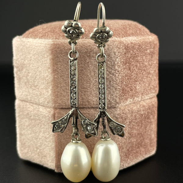 Vintage Sterling Silver Flower Pearl Marcasite Dangle Earrings - Boylerpf