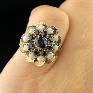 Vintage 14K Gold Sapphire Opal Cluster Thai Princess Cocktail Ring, Sz 4 1/4 - Boylerpf