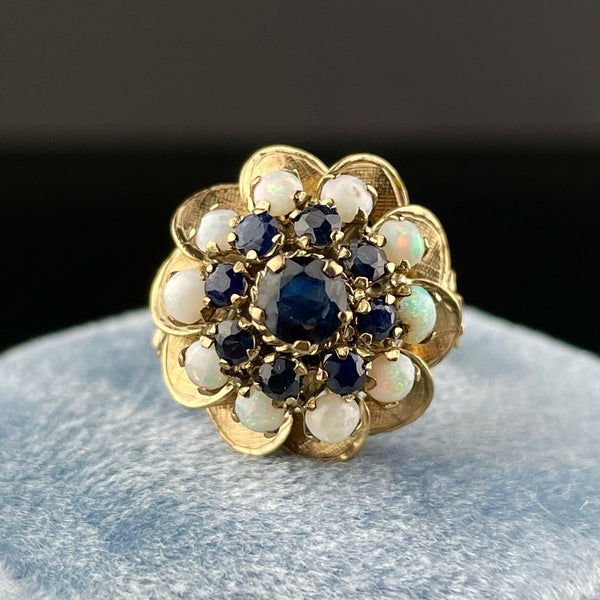 Vintage 14K Gold Sapphire Opal Cluster Thai Princess Cocktail Ring, Sz 4 1/4 - Boylerpf