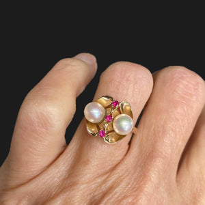 Vintage Cultured Pearl Ruby Ring in 14K Gold - Boylerpf