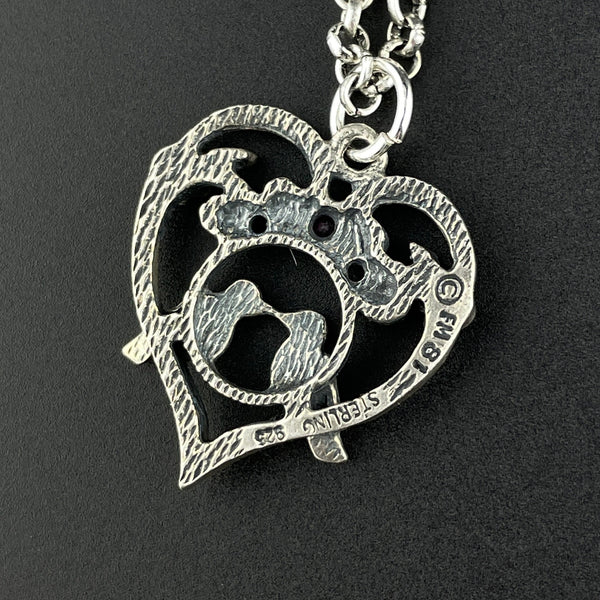 Vintage Sterling Silver Ruby Bird Heart Pendant Necklace - Boylerpf