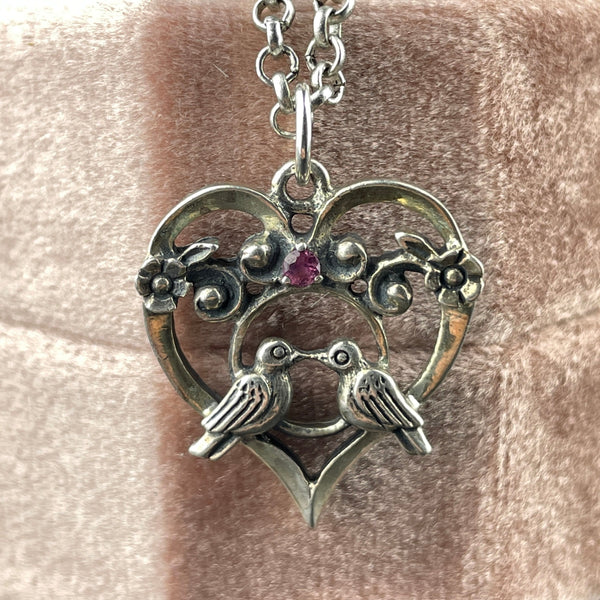 Vintage Sterling Silver Ruby Bird Heart Pendant Necklace - Boylerpf
