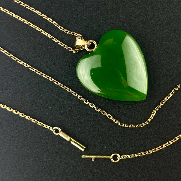 Vintage Carved Heart Jade 14K Gold Pendant Necklace - Boylerpf