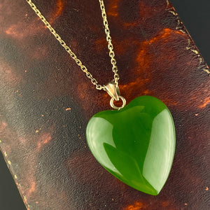 Vintage Carved Heart Jade 14K Gold Pendant Necklace - Boylerpf