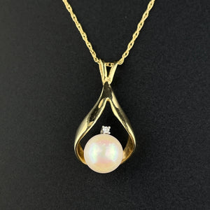 Vintage 14K Gold Pearl Diamond Pendant Necklace - Boylerpf