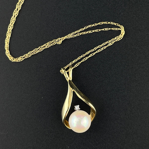 Vintage 14K Gold Pearl Diamond Pendant Necklace - Boylerpf