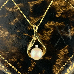 Vintage 14K Gold Pearl Diamond Pendant Necklace - Boylerpf