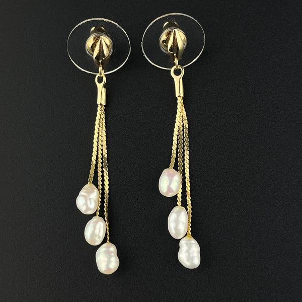 Vintage Triple Baroque Pearl 14K Gold Dangle Earrings - Boylerpf