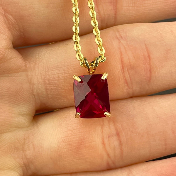 14K Gold Large Emerald Cut Ruby Pendant Charm Necklace - Boylerpf