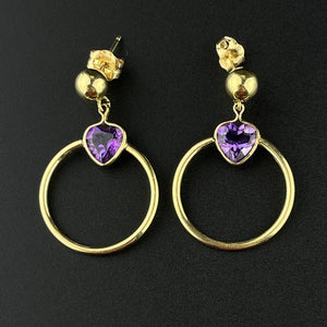 Vintage 14K Gold Amethyst Heart Hoop Post Earrings - Boylerpf