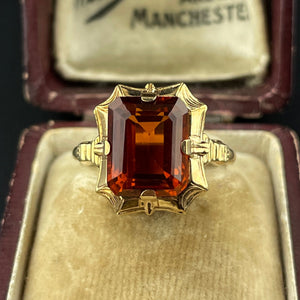 Art Deco 10K Gold Orange Topaz Statement Ring, Sz 5 3/4 - Boylerpf