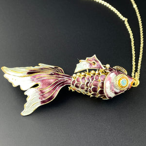 Vintage Gold Vermeil Purple Enamel Articulated Fish Charm Necklace - Boylerpf