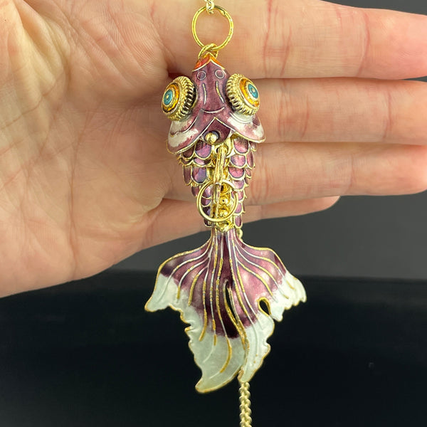 Vintage Gold Vermeil Purple Enamel Articulated Fish Charm Necklace - Boylerpf