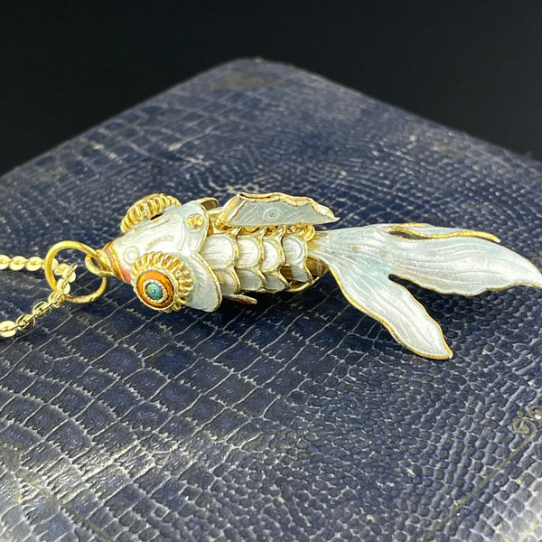 Vintage Gold Vermeil White Enamel Koi Articulated Fish Pendant Necklace - Boylerpf