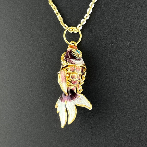 Vintage Purple Enamel Koi Articulated Fish Pendant Necklace - Boylerpf
