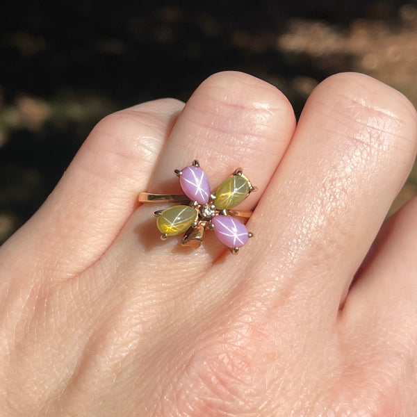 Vintage Four Leaf Clover Pink and Yellow Star Sapphire 10K Gold Ring, Sz 5 1/4 - Boylerpf