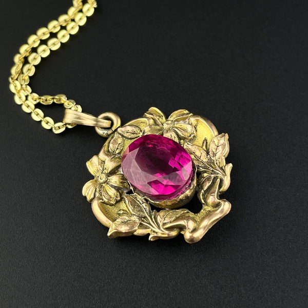 14K Gold Art Nouveau Forget Me Not Ruby Pendant Necklace - Boylerpf