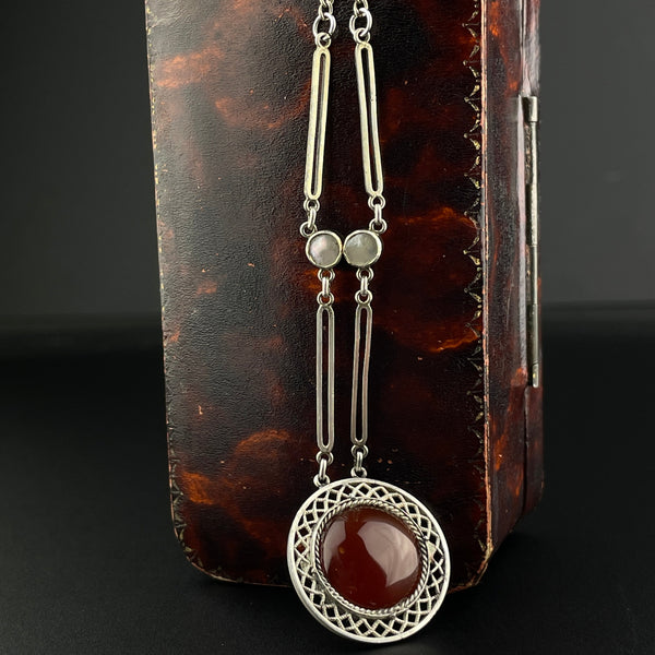 Art Deco Silver Filigree Carnelian Drop Pendant Necklace - Boylerpf