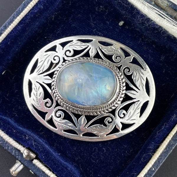 Antique Silver Leaf Rainbow Moonstone Brooch Pin - Boylerpf
