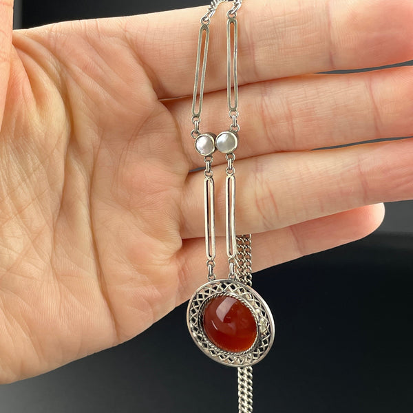 Art Deco Silver Filigree Carnelian Drop Pendant Necklace - Boylerpf