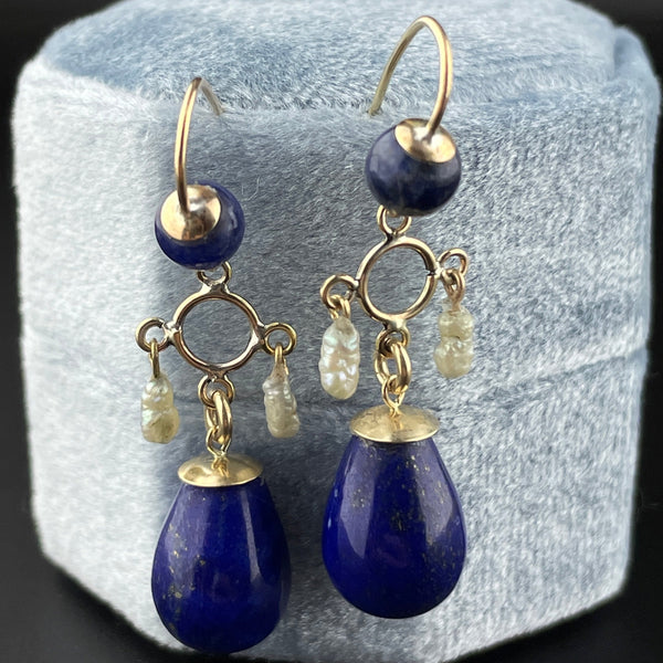 Vintage Art Deco Lapis Lazuli Dangle Statement Earrings - Boylerpf