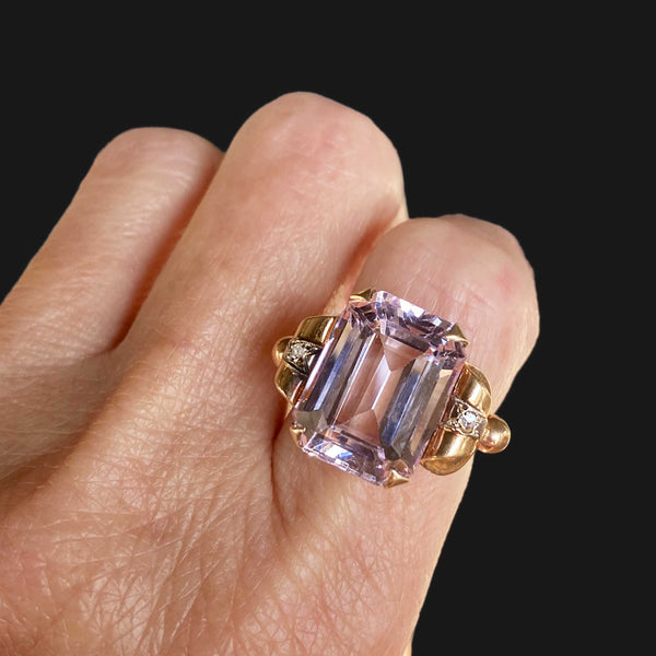 Retro 18K Gold Large Kunzite Ring w Diamond - Boylerpf