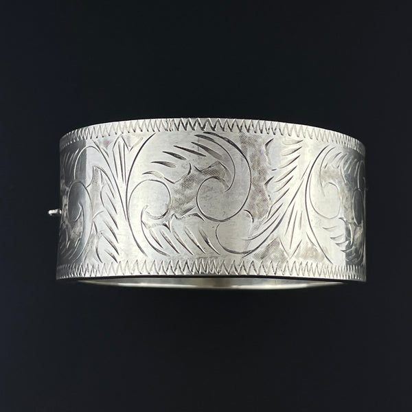 Vintage Sterling Silver Engraved Wide Bangle Bracelet - Boylerpf