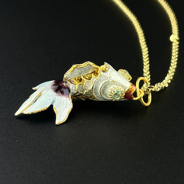 Vintage Gold Vermeil White Enamel Articulated Fish Charm Pendant Necklace - Boylerpf