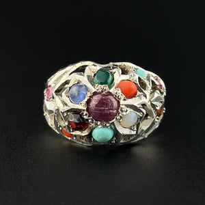 Vintage Silver MultiStone Boho Statement Ring, Sz 6 1/4 - Boylerpf