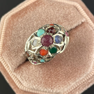 Vintage Silver MultiStone Boho Statement Ring, Sz 6 1/4 - Boylerpf