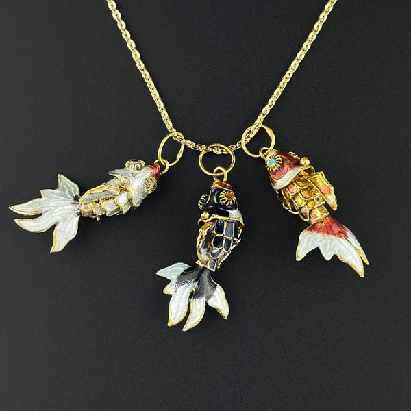 Vintage Articulated White Enamel Gold Vermeil Fish Pendant Necklace - Boylerpf