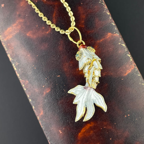 Vintage Articulated White Enamel Gold Vermeil Fish Pendant Necklace - Boylerpf
