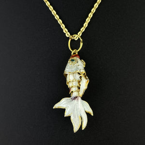 Vintage Articulated White Enamel Gold Vermeil Fish Pendant Necklace - Boylerpf