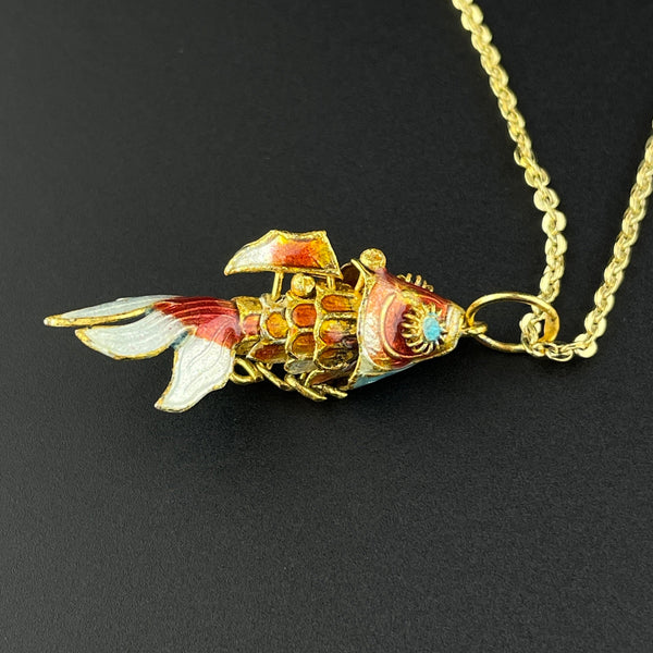 Vintage Orange Enamel Gold Vermeil Articulated Fish Pendant Necklace - Boylerpf